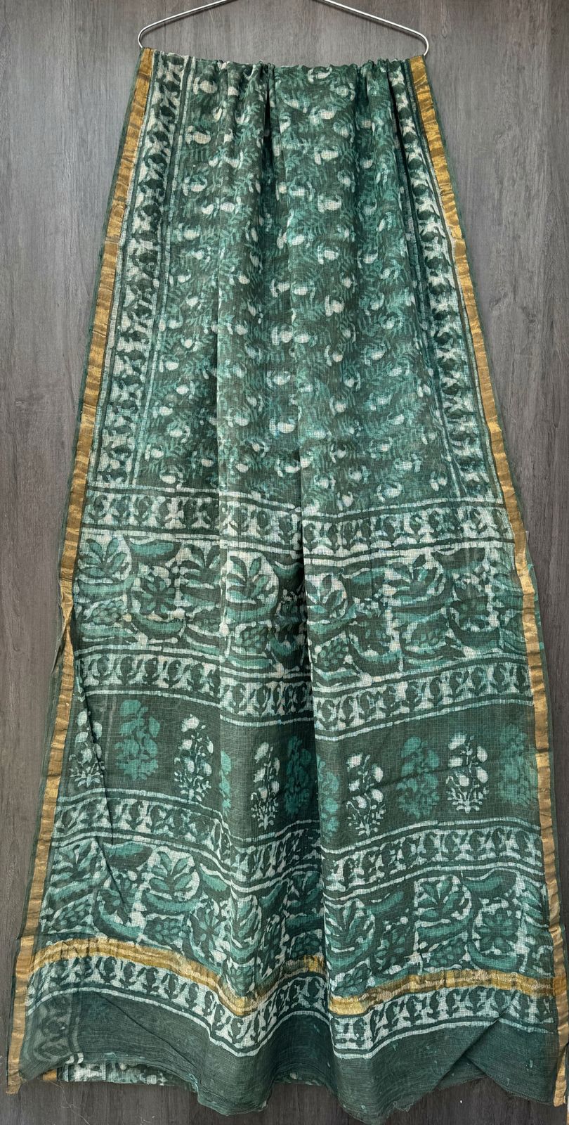 Forest Green Floral Bagru Printed Kota Doriya Saree With Blouse