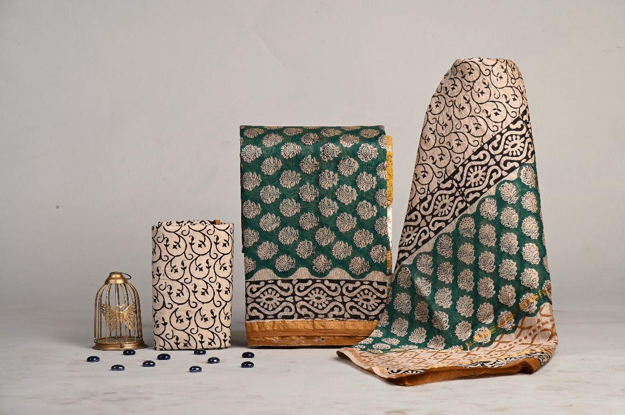 Green Multicolor Handblock Printed Chanderi Suit Set